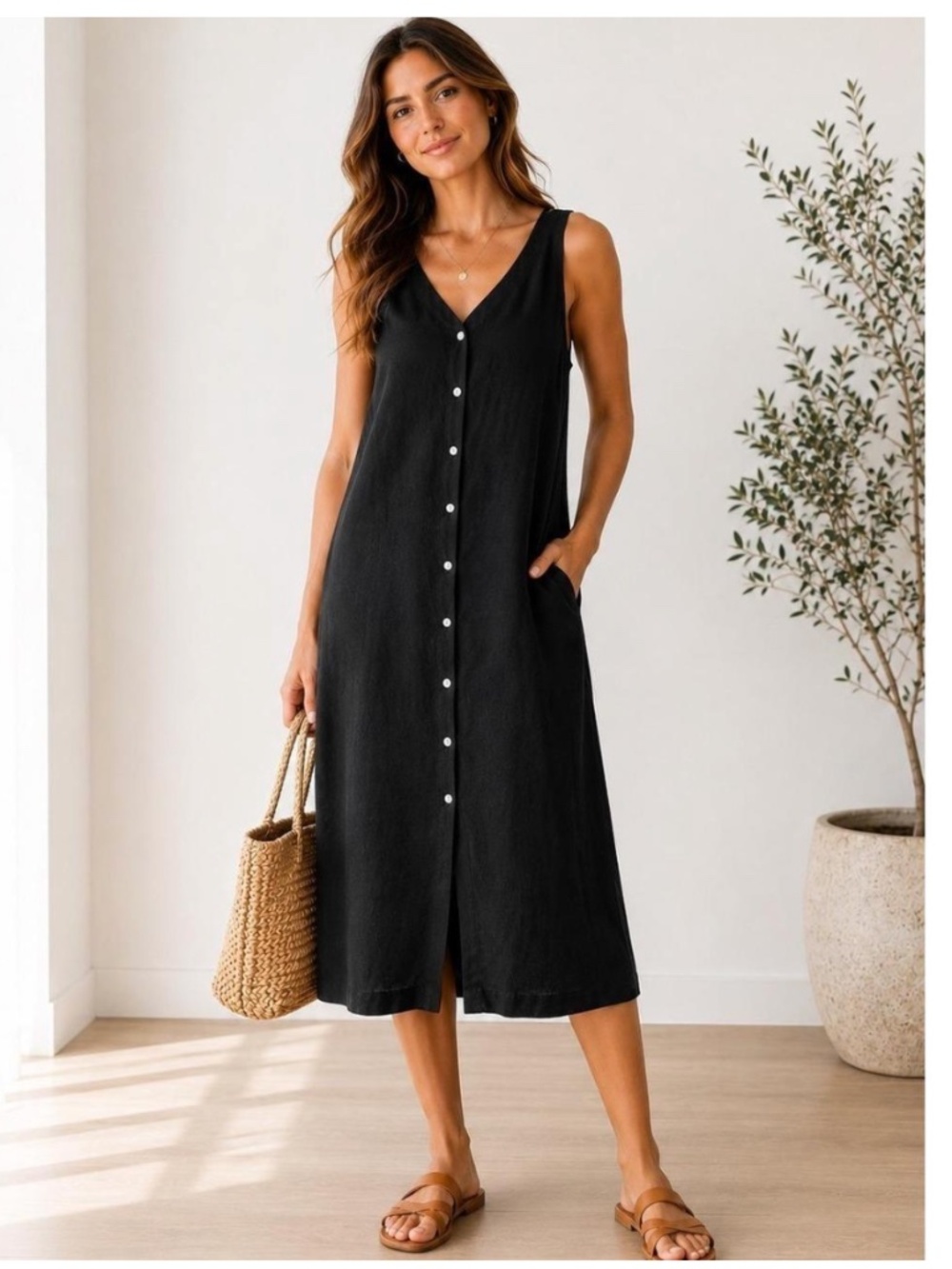 Soft by Avenue black sleeveless linen midi dress V-neck, size 18/20